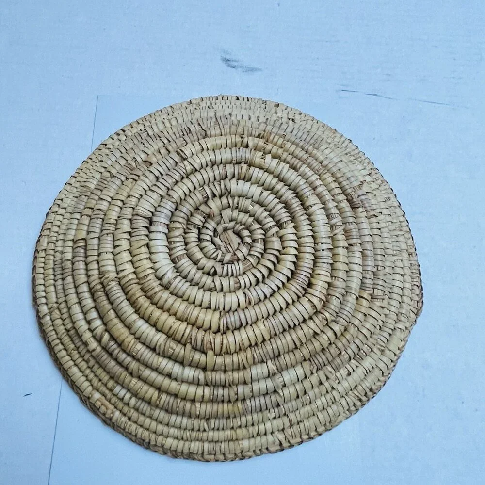Vintage Primitive Boho Coil Basket Natural Grass Hand Woven Tan 11 Inch Decor